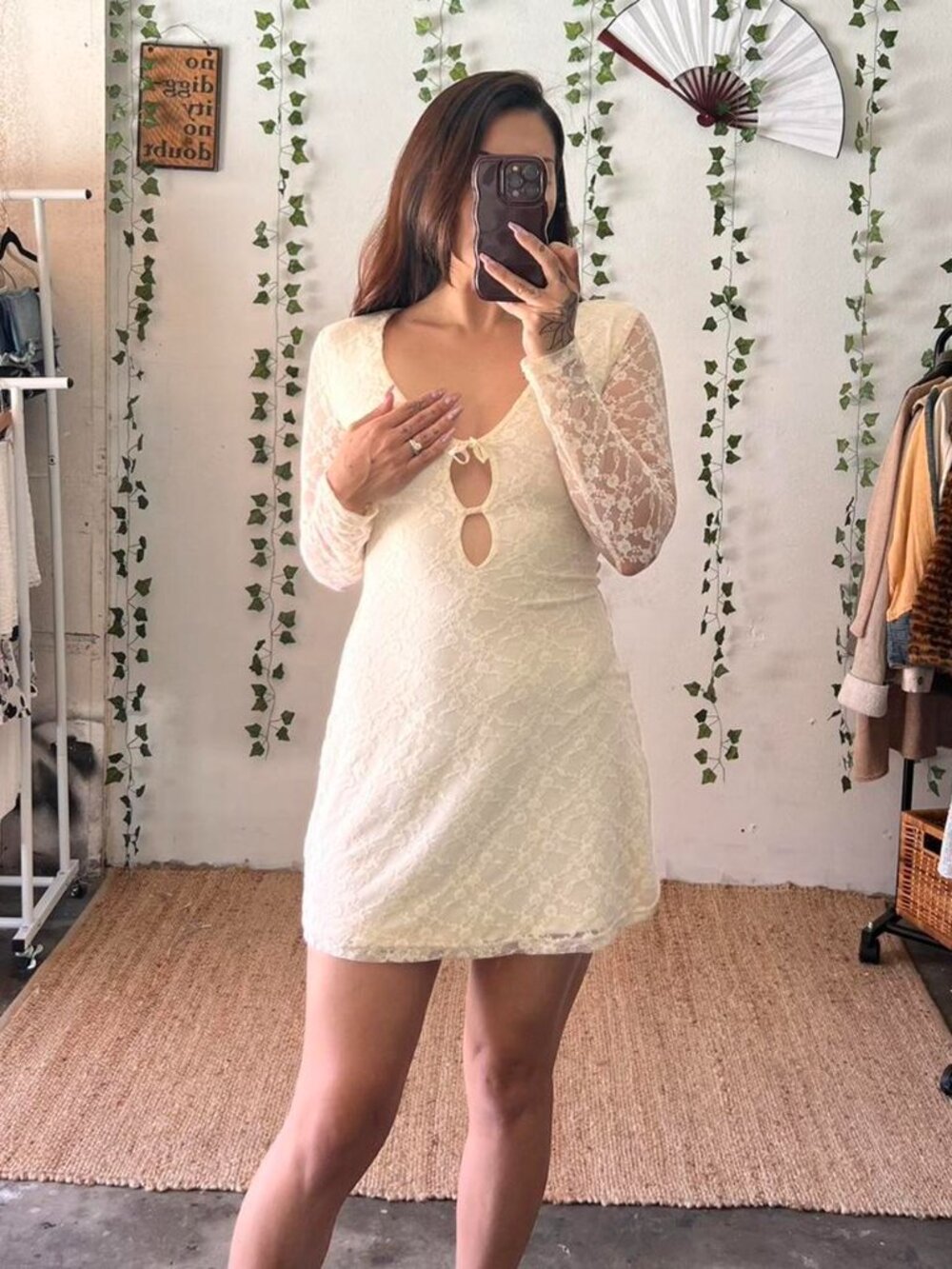 Princess Polly cream colored lace long sleeve dress double keyhole deep v neck